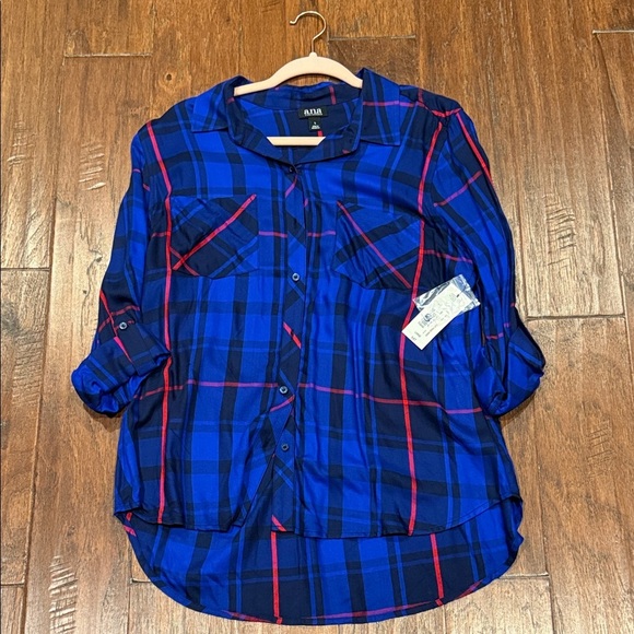 NWT! Long Sleeve Blue and Red Plaid Button-Up Shirt - Picture 2 of 9